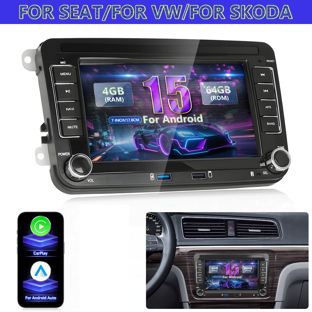 [4G+64GB] 8-jedrni radio za Seat/VW/Skoda z 15, 7-palčnim dotikljivim zaslonom, brezžično CarPlay in podporo za Auto / , vgrajen DSP, FM/RDS