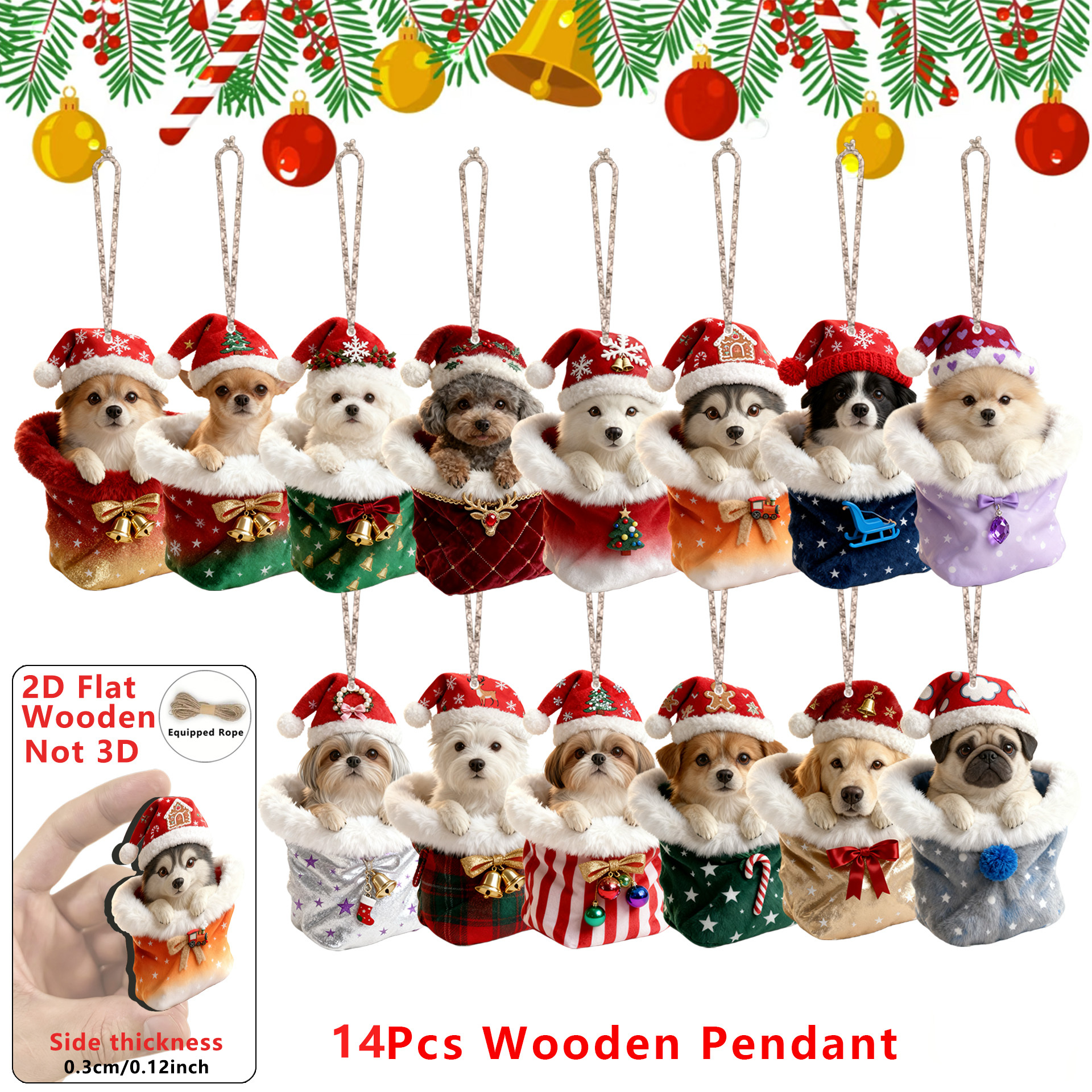 TEMU 2d Flat - 14pcs Set Of Adorable Wooden Dog Ornaments For Christmas, Decorating Your Home, Party Supplies, And Simulating Tree Decorations, Ideal