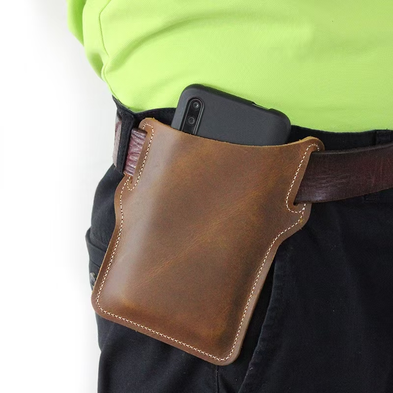 Image of Cowhide Mobile Phone Waist Bag, Men's Waist Pouch, Men's Belt Phone Bag, Suitable For 6-7 Inch Smartphones