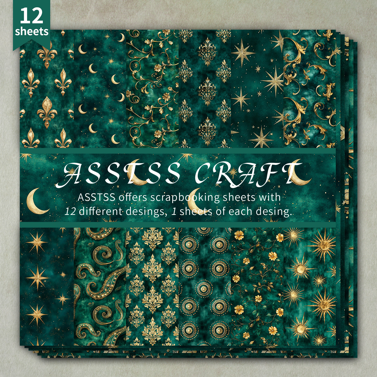 TEMU Asstss 12-sheet 6x6 Scrapbooking Paper Pad - Emerald & Golden Victorian Damask With Floral Patterns, Heavyweight Cardstock Suitable For