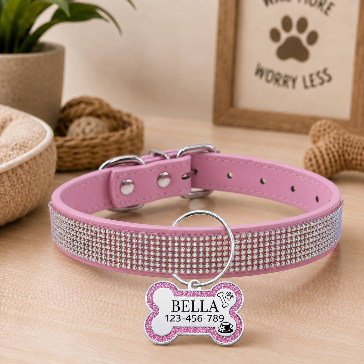 TEMU Engraved 1pc Free Custom Pet Information Pu Leather Rhinestone Collar With Glitter Bone Tag, Single-sided Customization For Pet Information,