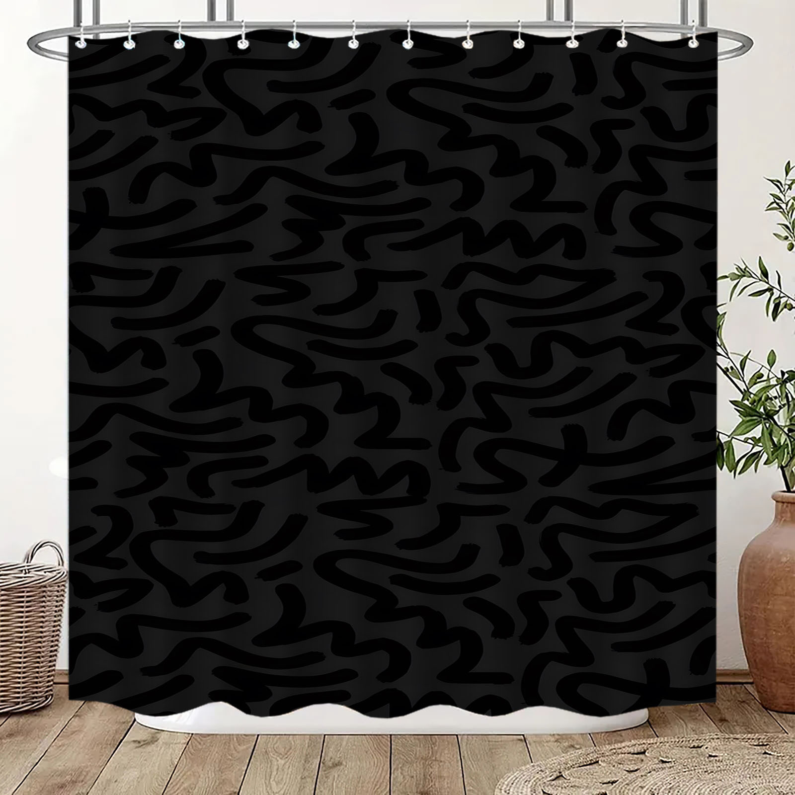TEMU 1pc, Simple, Black Patterned Shower Curtain - Elegant Natural Design For Scene, Including 12 Hooks, Polyester Fabric, Easy To Clean