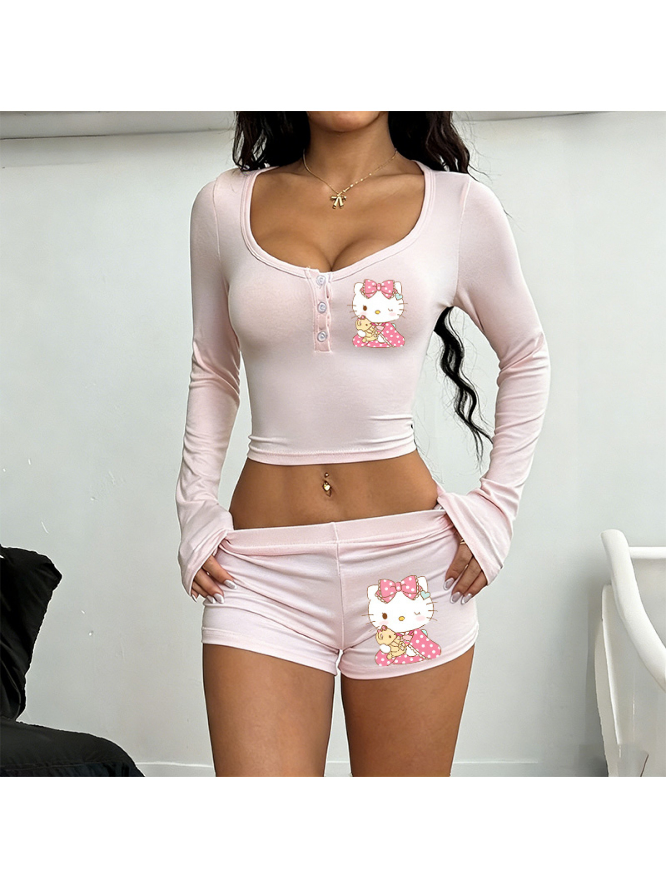 Sanrio Women'S Stretchy Activewear Set Long Sleeve Top & Casual Shorts Multi-Color for Warm Seasons - Image 2