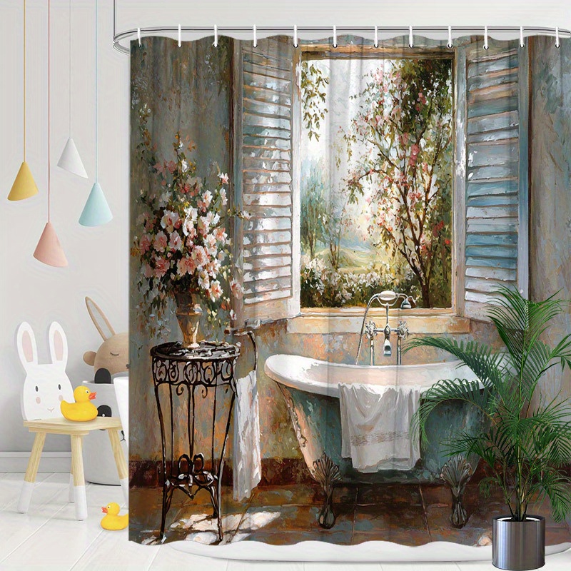 TEMU 1pc Rustic Bathroom Charm Shower Curtain Photograph Of Vintage Clawfoot Tub With White Enamel And Teal Accents Cozy And Inviting Design Bathroom