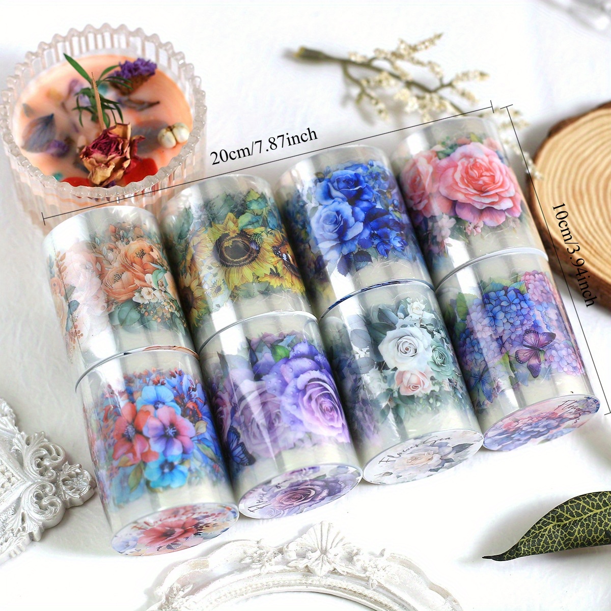 E-shop 8 Rollen Blumen Aufkleber Rolle Washi Tape Set Blumen PET Bänder Aufkleber für Basteln Journaling Scrapbooking Zubehör Planer Journals
