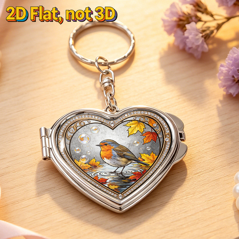 TEMU 2d Flat, 1pc Mirror Keychain Folding Double Sided Portable Heart-shaped Features A Beautiful Robin On Water Surrounded By Enhancing Your And