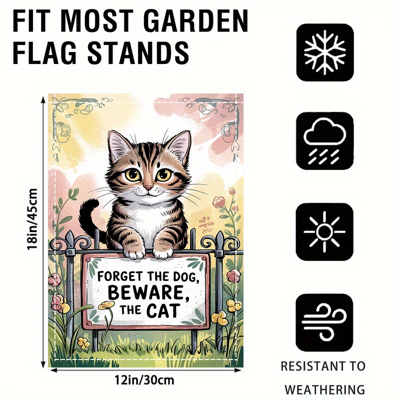 TEMU 2d Flat, 2d Flat 1pc, Cat 'beware' Sign, Double-sided, Washable, Multi-functional Festive Yard Decoration Flag, 12x18 Inches, No Electricity