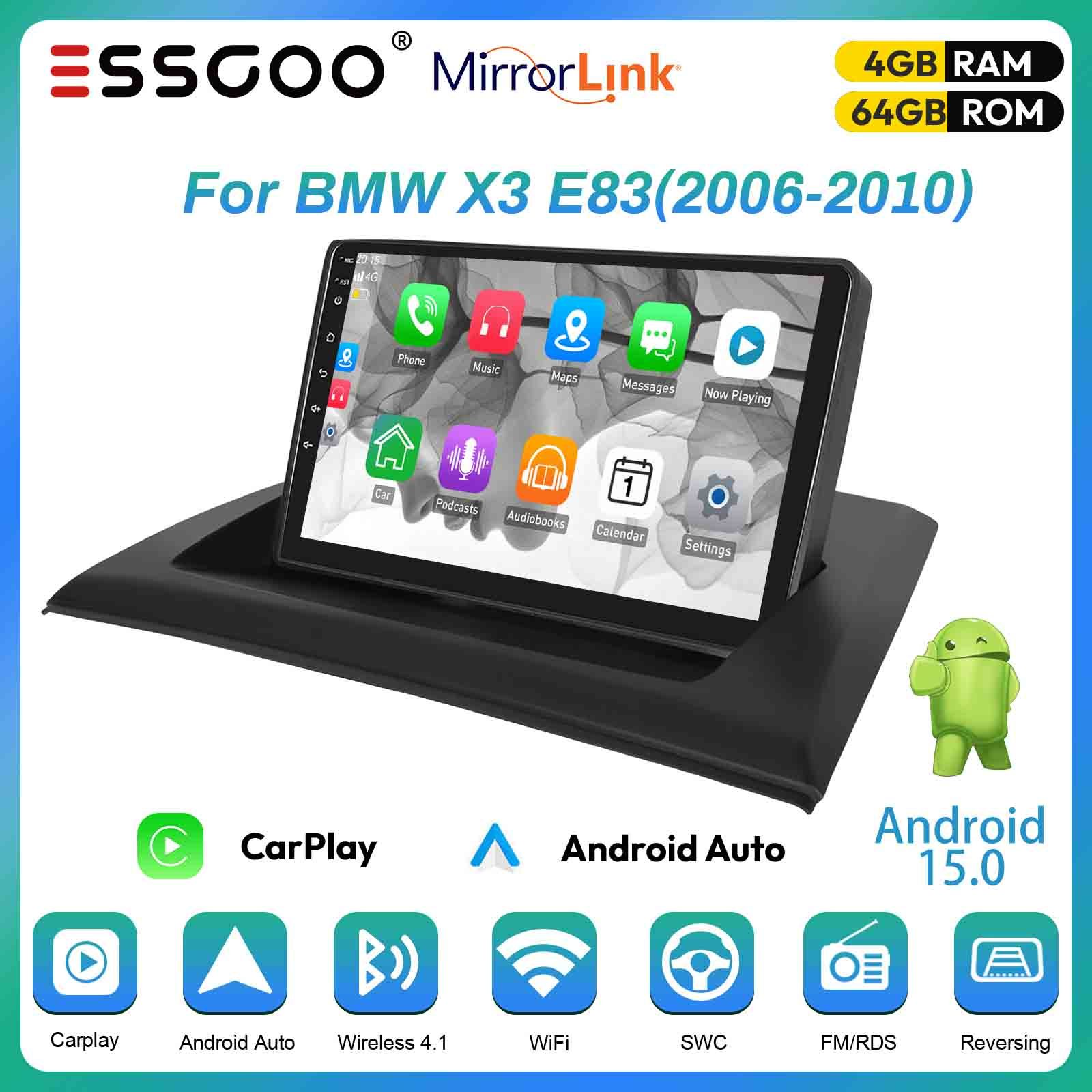 Essgoo 9-palčni IPS HD vse-v-enem avtoradio za BMW X3 E83 (2006-2010) | 15 z 4+64 GB | Brezžični CarPlay & Auto | Deljeno zaslon, upravljanje