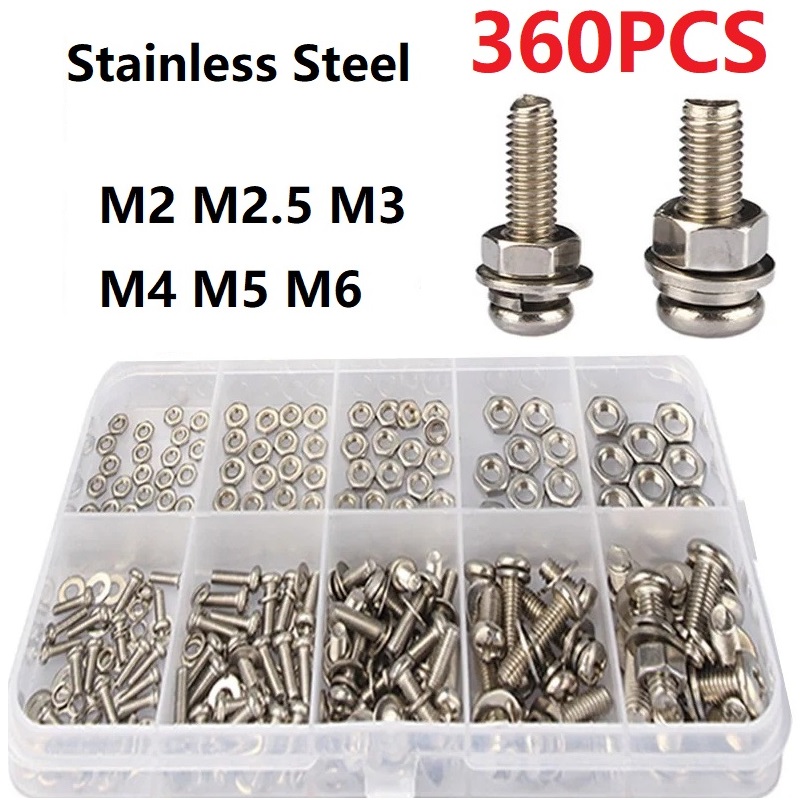 TEMU Kit d'assortiment de vis, écrous et boulons en acier inoxydable SS304, 360 pièces, tête à pan, M2 M2.5 M3 M4 M5 M6 pour électronique, réparation