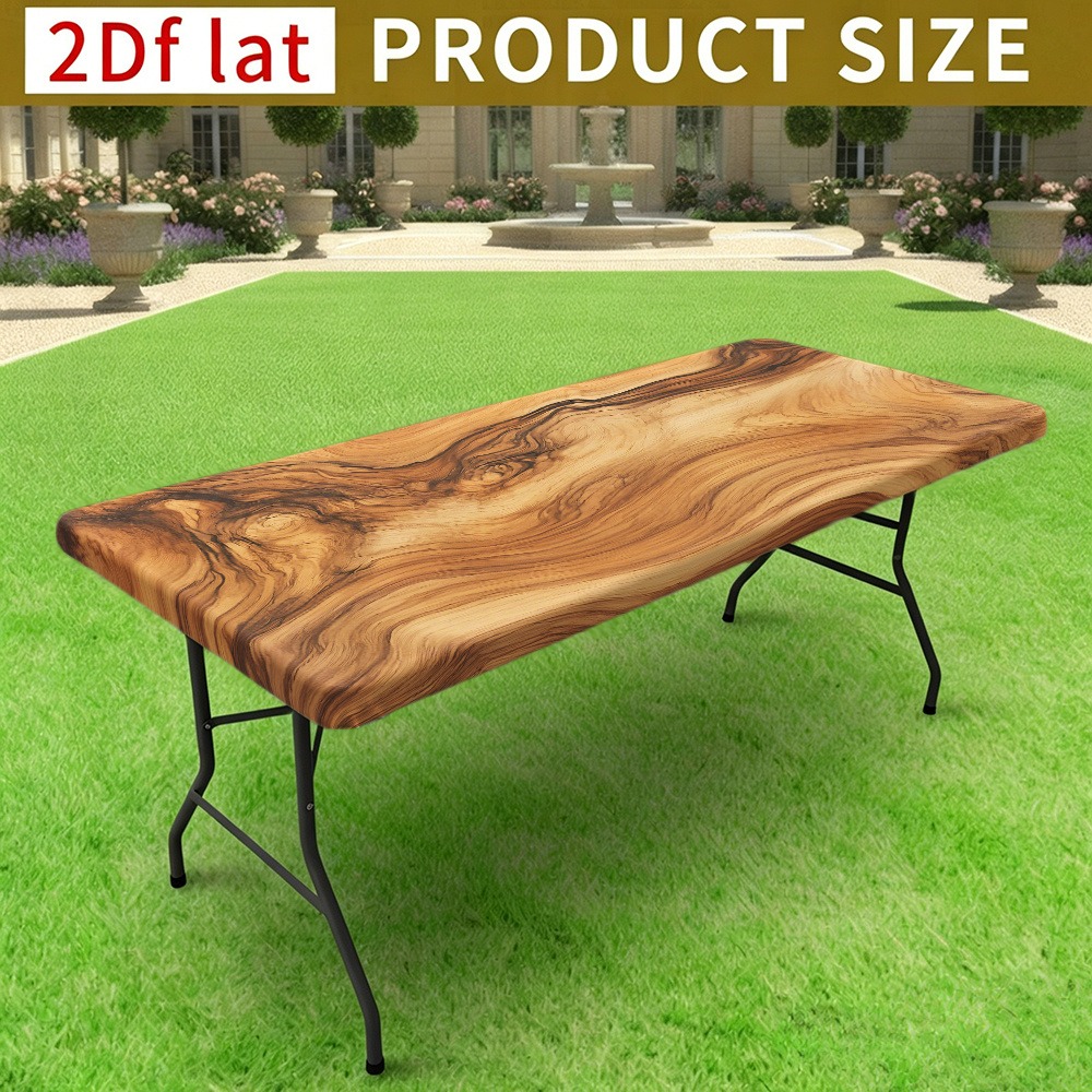 TEMU 1pc Rectangular Autumn Printed Stretch Elastic Band Tablecloth, Natural Swirl Edge Teak Wood Grain Pattern Printed Tablecloth, Stretchable And