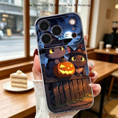 phone case 2d flat case suitable for iphone 17 xr 12 15 plus 14 11 16 pro 8 se x 13 mini air phone cover halloween kitten