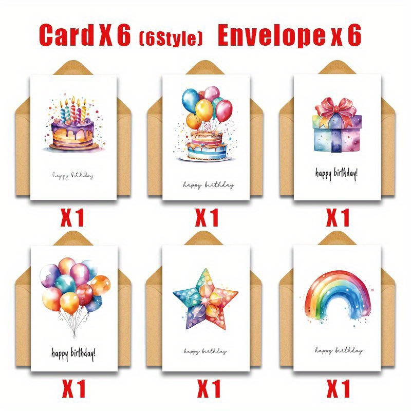 

Watercolor Celebration Greeting Cards With Envelopes, 12-pack Assorted Cards For , , Cake, Balloons, Gift, Rainbow Designs