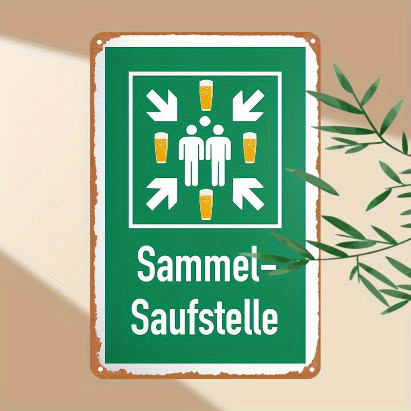 1 Vintage Metal Sign Measuring 12x8 Inches (30x20cm), Featuring Retro Beer Party Artwork With German Text And An Arrow Design. Perfect For Rustic , Cafes, Or Garages, Requires No Electricity