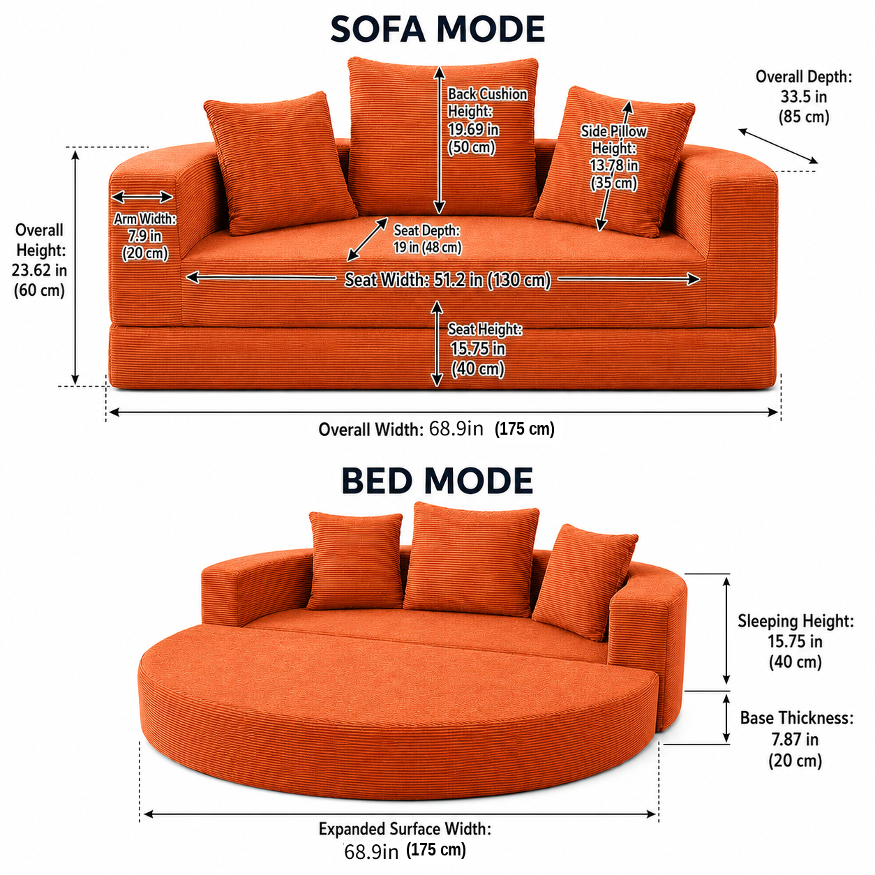 Image of 175cm Oversized Round Sleeper Sofa Bed, Convertible Circle Chaise Lounge Chair Indoor, Modern Fluffy Plush Corduroy Cloud Boneless Couch, Assembly Free, Comfy Bean Bag For Living Room