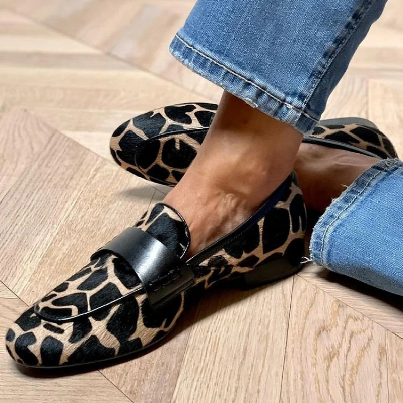 Women Square Toe Loafers Low Heel Leopard Print Shoes Soft Sole Non Slip Lightweight Versatile Spring Autumn Minimalist Fashion Leisure Elegant Retro British Low Cut Shoes, Women Shoes
