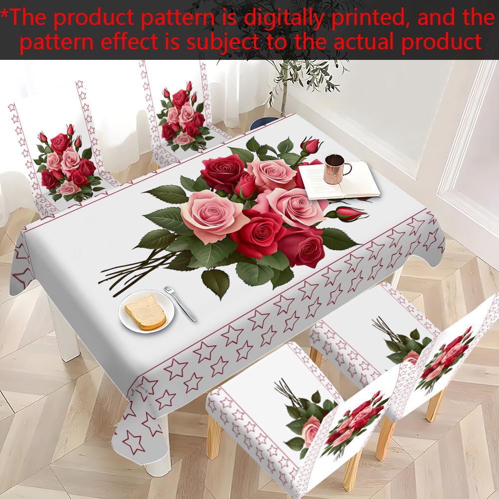 TEMU 5pcs/7pcs Chair Cover Tablecloth Set, 1 Tablecloth + 4 Chair Covers Or 1 Tablecloth + 6 Chair Covers, Romantic Rose Pattern Digital Printing,