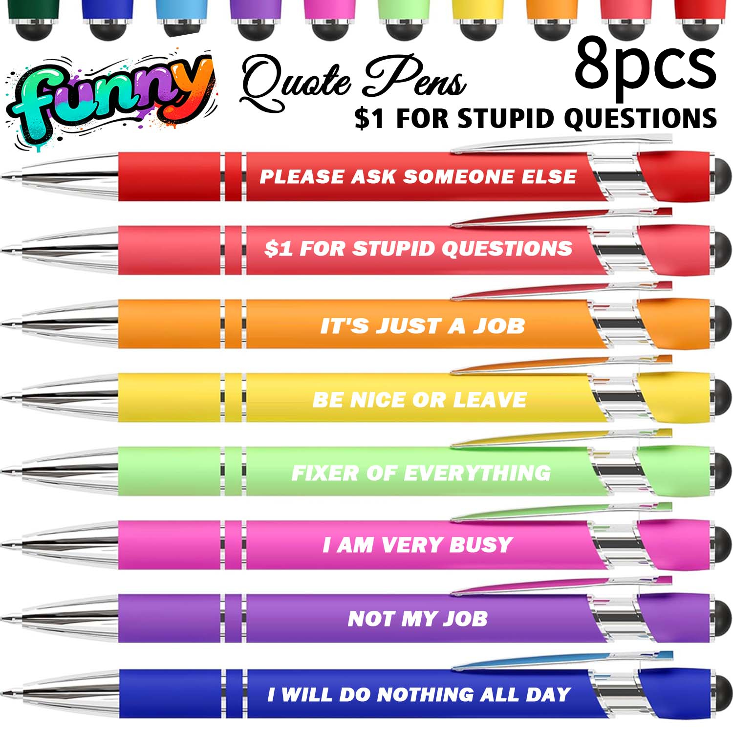 TEMU Lot de 8 stylos à bille rétractables drôles et sarcastiques, fournitures de bureau et scolaires, stylos fantaisie avec citations amusantes,