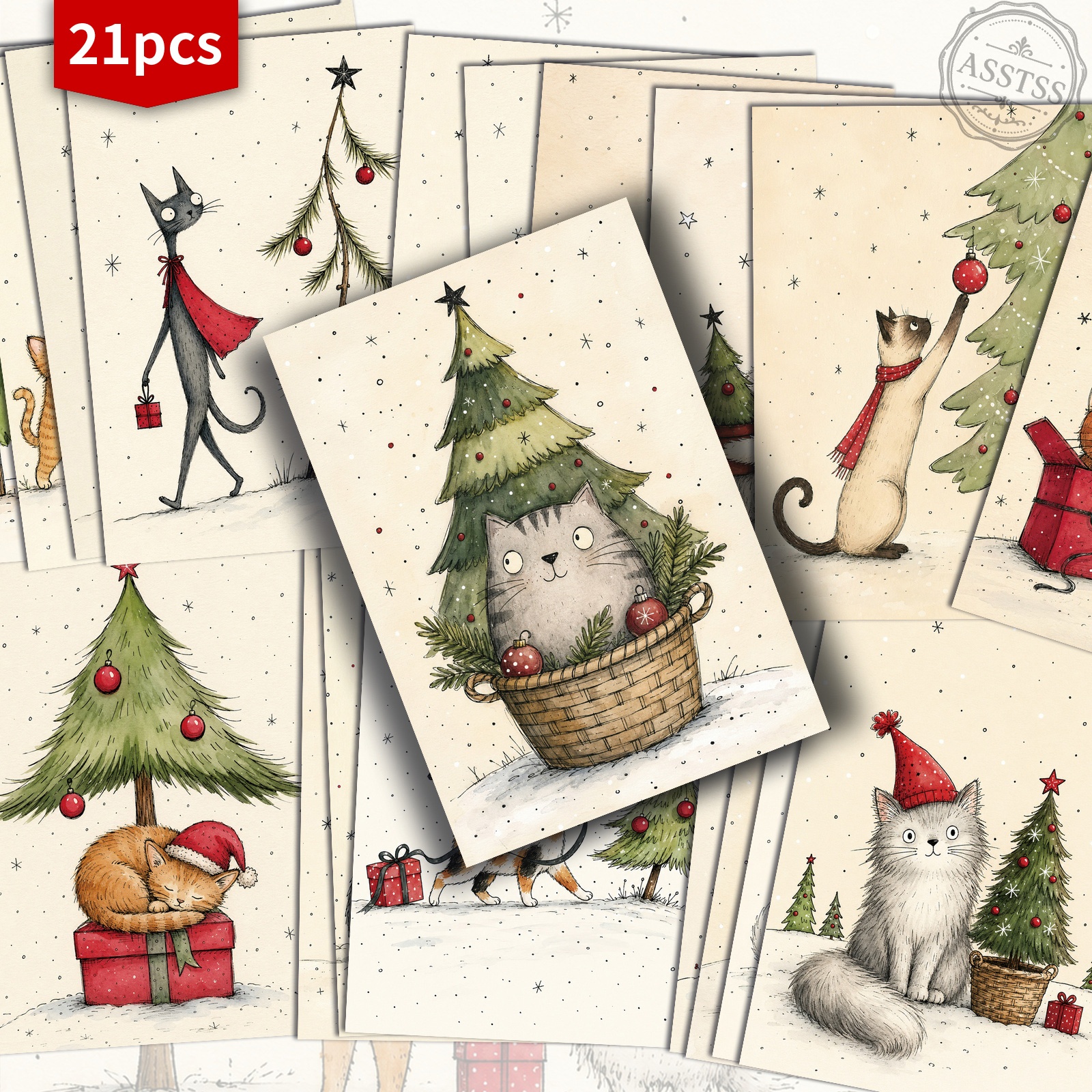 TEMU 21-pack Asstss Vintage Whimsical Christmas Cat Postcards - 4x6 Inches Retro Junk Journal Supplies, Classic Pinup Illustrations Collectible