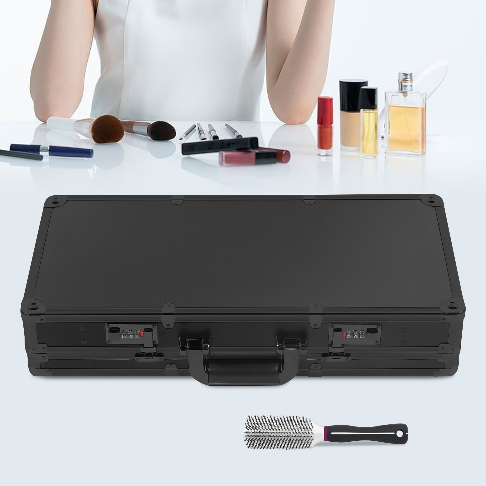 For Hairdressing, Measuring 21.65 Inches, Designed For Clippers And Additions, Made Of Aluminum Alloy With Combination Locks, In Black And Includes A Shoulder Strap