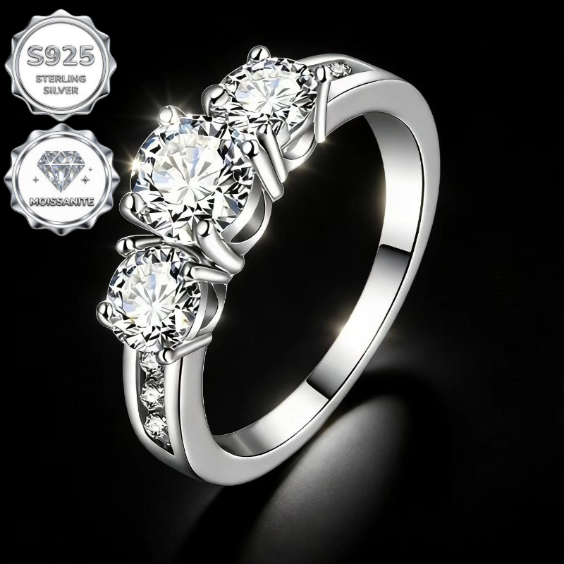 TEMU S925 Pure Silvery Moissanite Ring With 3 Main Stones, Everyday Jewelry For Women, Mother's Day Gift, Engasynthetic Gemstoneent Ring, April