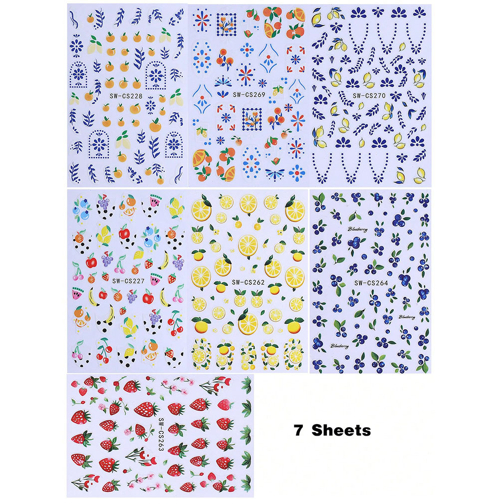 Image of 7pcs Summer Fruit-themed Nail Stickers, Featuring Colorful Designs Including , Oranges, Lemons, , Watermelons, Strawberries, And Avocados. Self-adhesive Nail Decorations