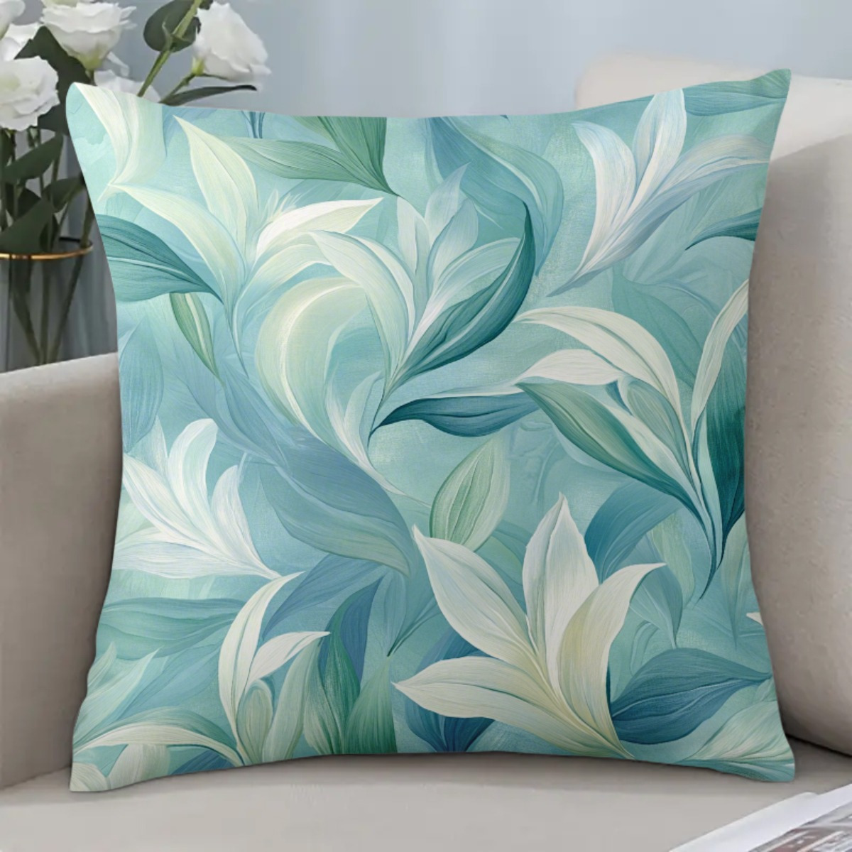 TEMU 1pc 1pcs 18x18 Inch Modern Abstract Floral Zipper Cushion Cover - Double-sided Aqua Green & Suitable For Sofa Bed Throw Pillow, Soft Polyester
