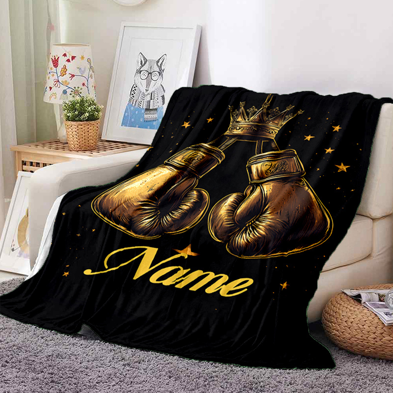 

Personalized Golden Boxing Gloves Flannel Blanket - Soft, Warm & Tear-resistant | Custom Name Option | Bed, Sofa, Picnic | Machine Washable