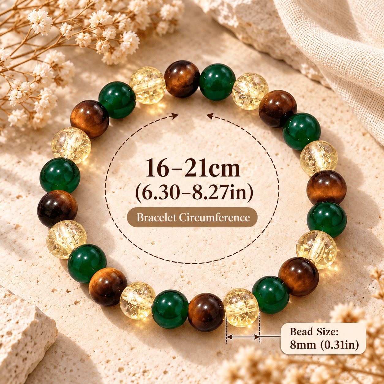 2pc Tiger Eye & Green Agate Stretch Bracelet Set