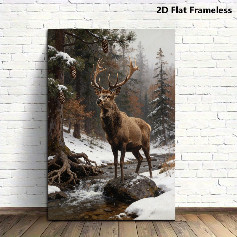 TEMU 2d Flat, 1pc Vertical Winter Canvas - Realistic Suitable For Homeoffice, Retro Suitable For Homeoffice Painting, Deer In Snowy Stream For