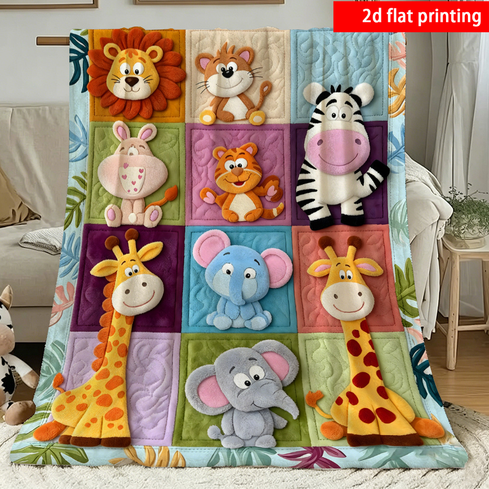 Patchwork Texture Cartoon Forest Animal Flannel Blanket