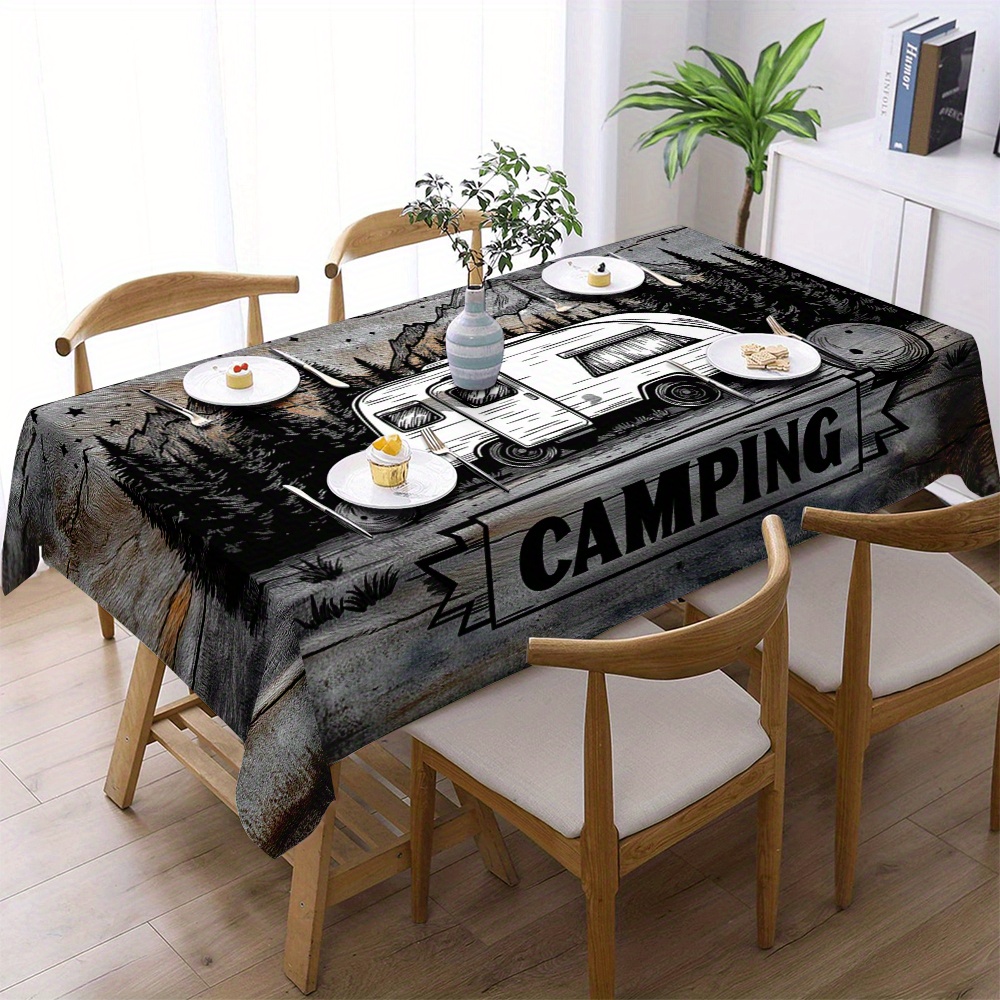 1pc camping-themed tischdecke mit wald- und wohnmobil-design - strapazierfähiger polyester, leicht zu pflegen, für die küche zu hause, zum essen, zum picknick-dekor, zum outdoor-essen-deckel | vintage camping-design | polyester-tischdecke