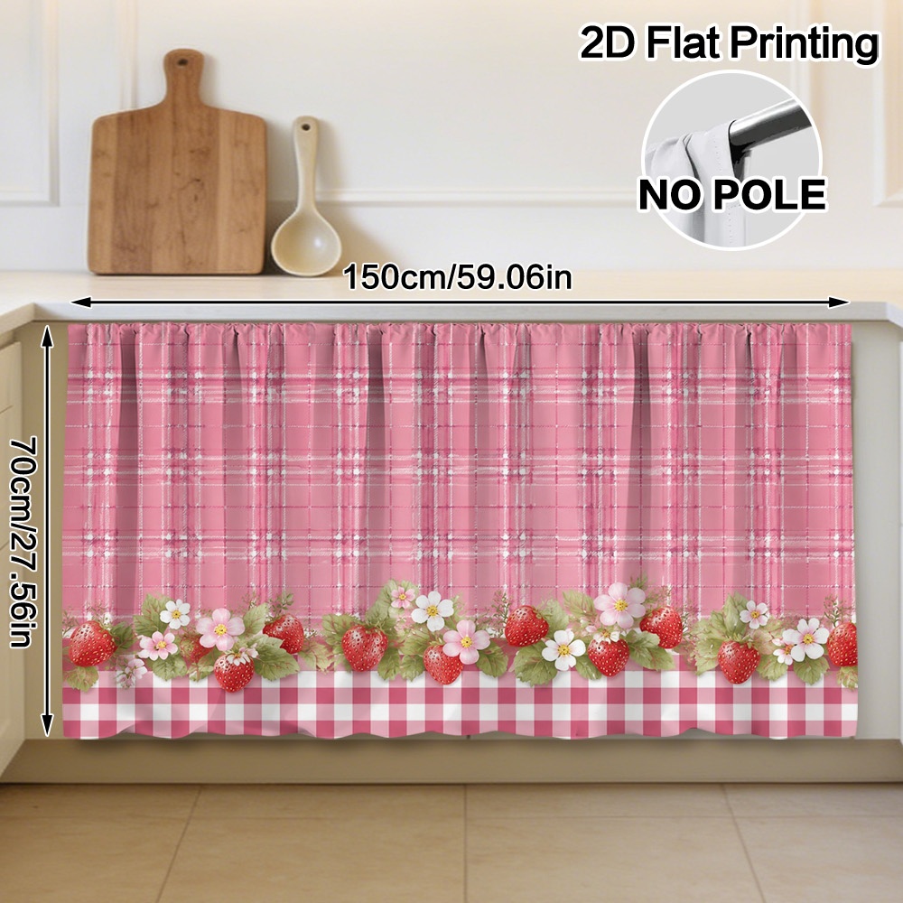 TEMU 2d Flat - 2d Flat - 2d Flat, 1pc Cabinet Curtain - Red Plaid Strawberry Border Pattern Practical Hanging Style, Washable, Easy To Store And Use,
