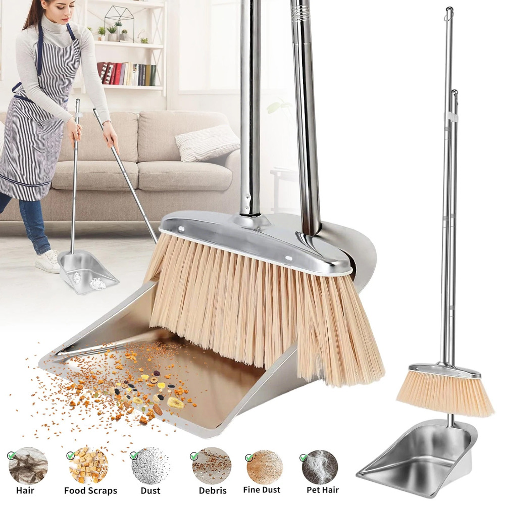 Set Of Broom And Dustpan Featuring A Long Handle, Made Of, Designed For Easy Standing Use; A Lightweight Option For Cleaning In Kitchens, Homes, Offices, And Dorms