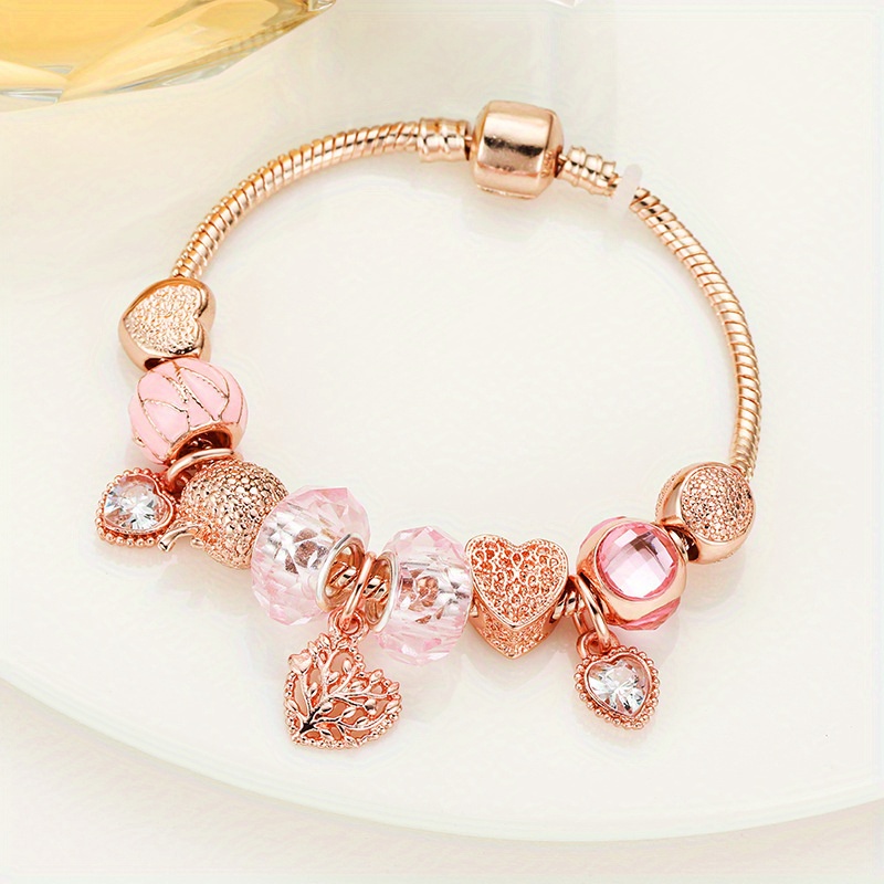 TEMU Women's Elegant Rose Golden-tone Bracelet - Three-sided Heart Charms With Clear, Valentine's Day Jewelry Gift, Everyday & Formal Events, Luxury