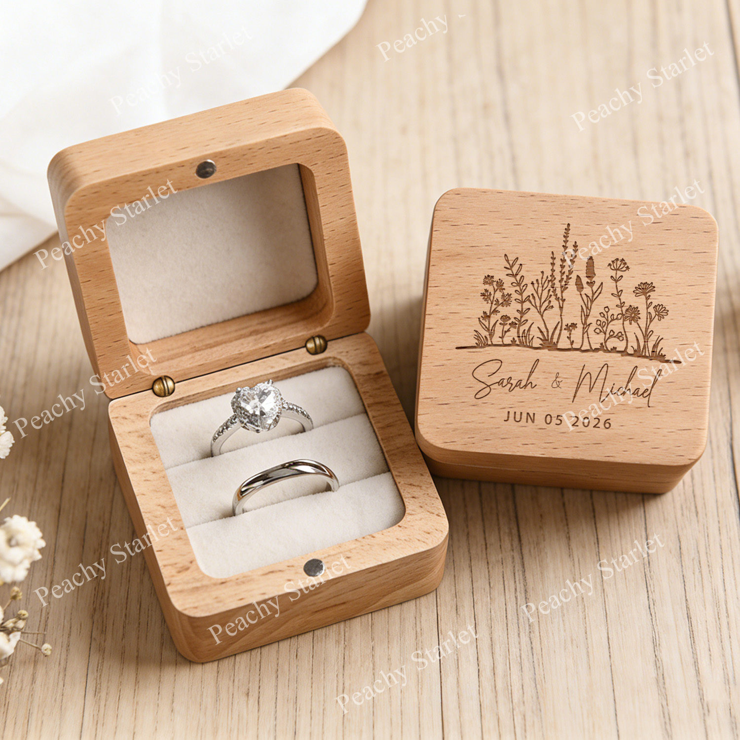 TEMU 1 Boîte à Bague en Bois Personnalisée avec Motif d'Herbe, Boîte à Bague de Mariage Double Fente en Bois de Hêtre, Boîte à Bague en Bois Gravée.