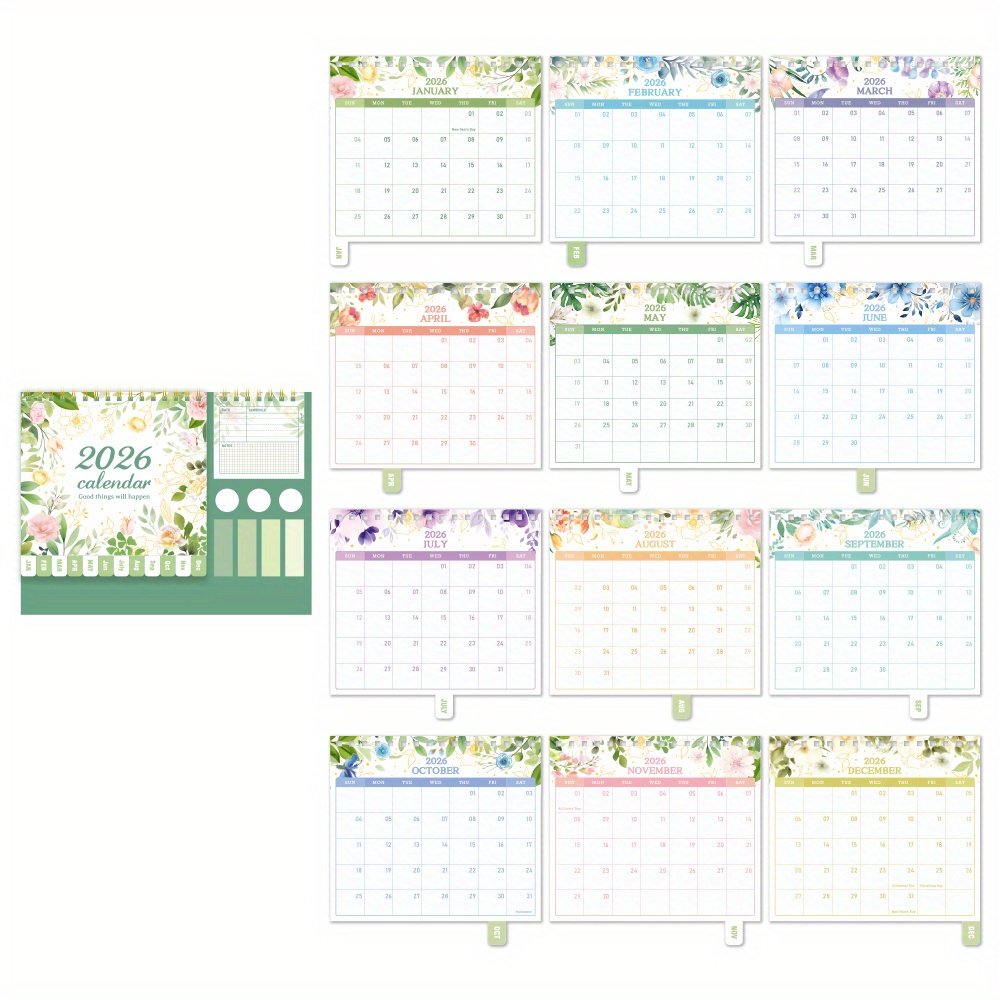 Image of 2026 Desktop Calendar With Stickers - 12-month Weekly/monthly Planner, Portable Schedule Organizer For Office, Home, School, Green Decorative Calendar, Perfect For New Year, Birthday Gifts