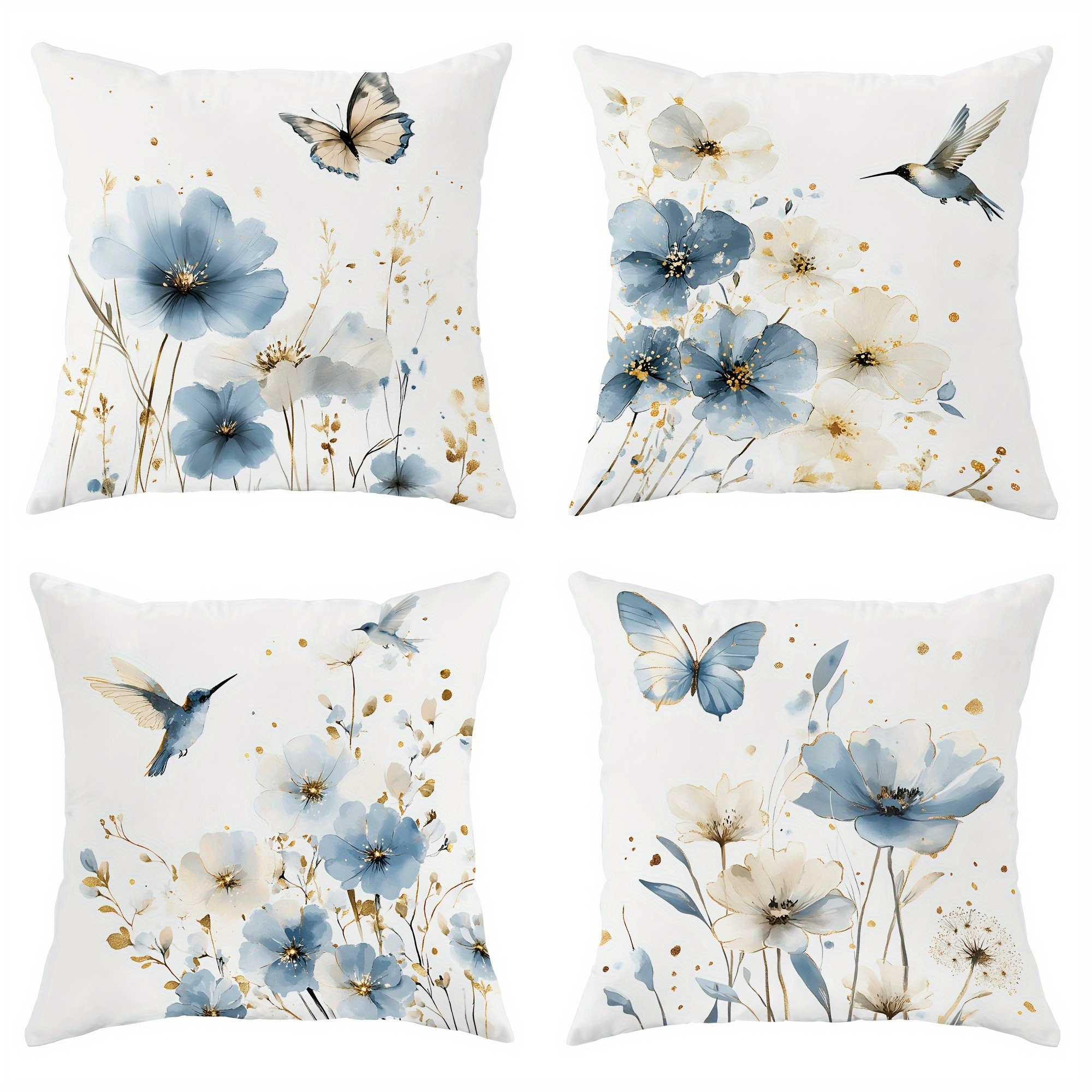 TEMU 4pcs Housse de coussin à motif floral contemporain, et papillon, housse de coussin de décoration intérieure en polyester bleu, fermeture à