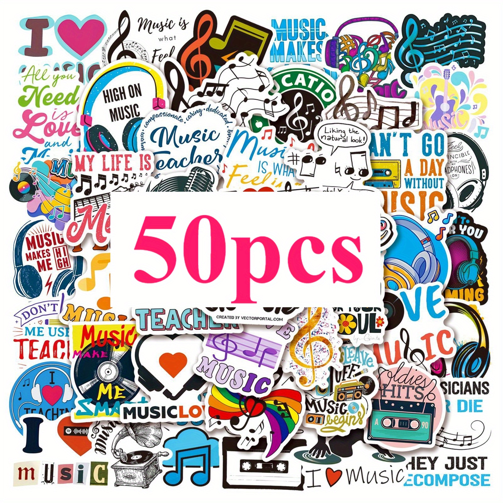 TEMU 50pcs Music-themed Graffiti Stickers High Quality Self-adhesive Glossy With Sparkle - Irregular Shapes Music Notes, Instruments & Decals For Diy