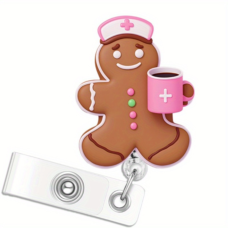 

Gingerbread Retractable Badge Reel - Christmas Id Holder, Sparkling Rn Keychain, Hospital Nurse Gift, , Stocking Stuffer