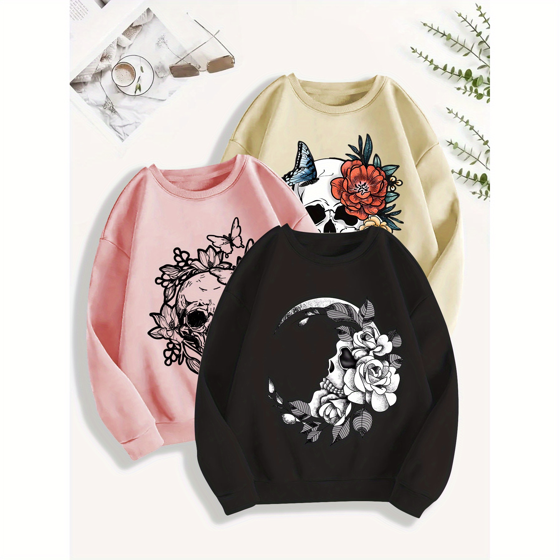 

3-pack Women's Casual Pullover Sweatshirts, Polyester Long Sleeve Crew Neck, Gothic Floral Skull Print, Autumn/