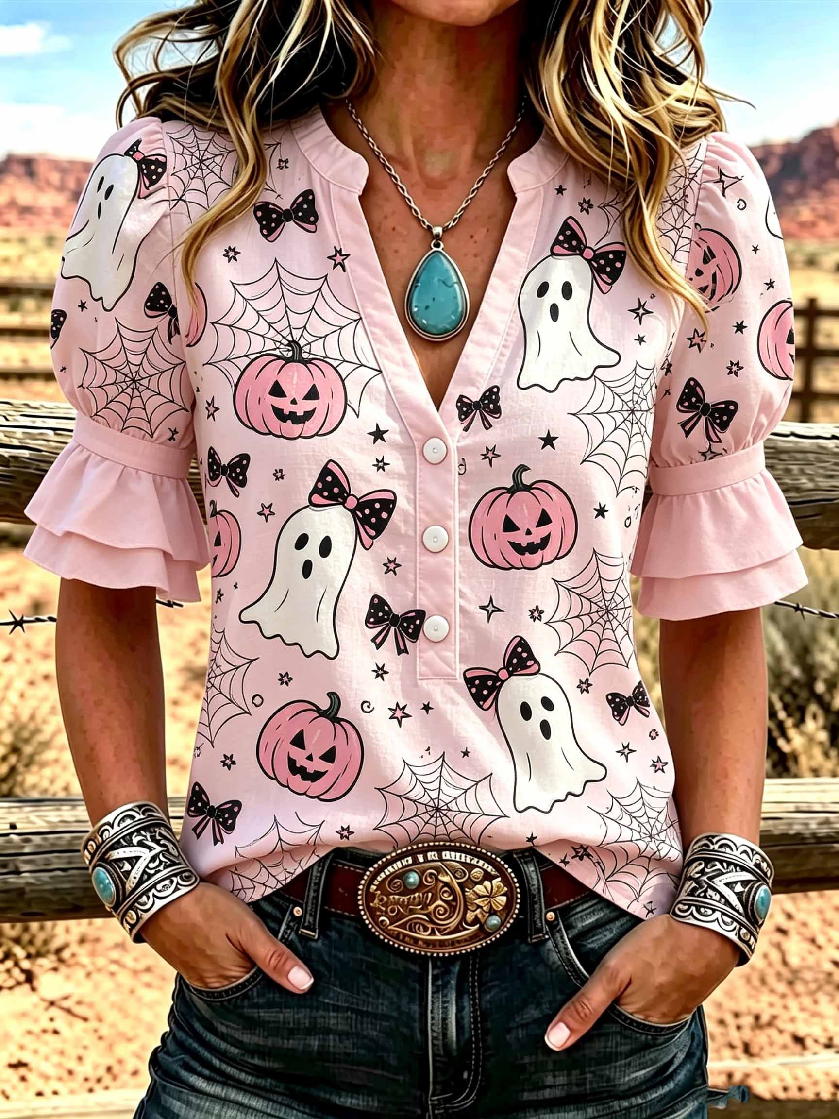   neck double sleeved shirt cute halloween pumpkin bow print sweet ruffle edge suitable for   festivals and parties
