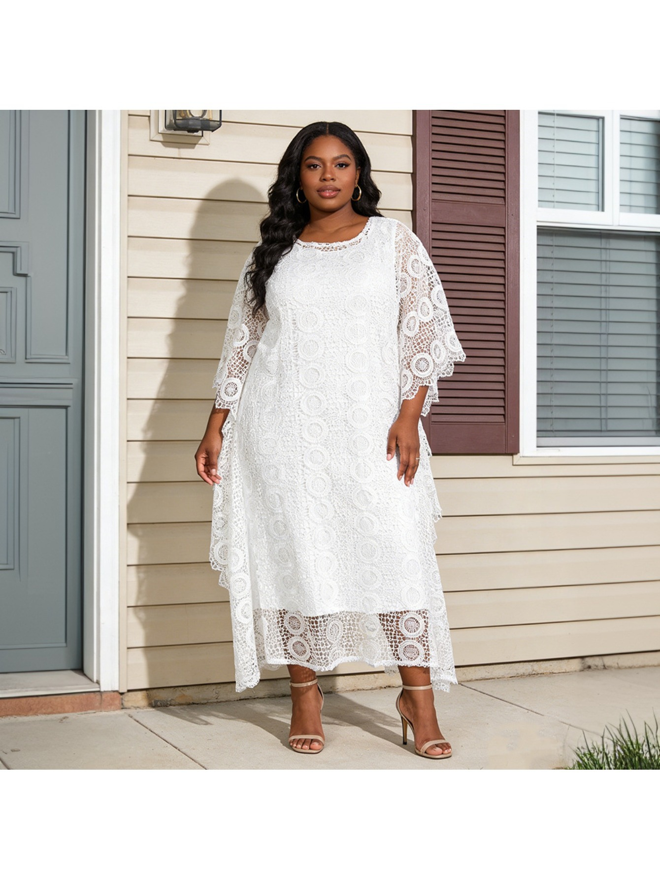 knee length dresses for ladies Ayabawa All White Dress with Lace Trim - DP7020