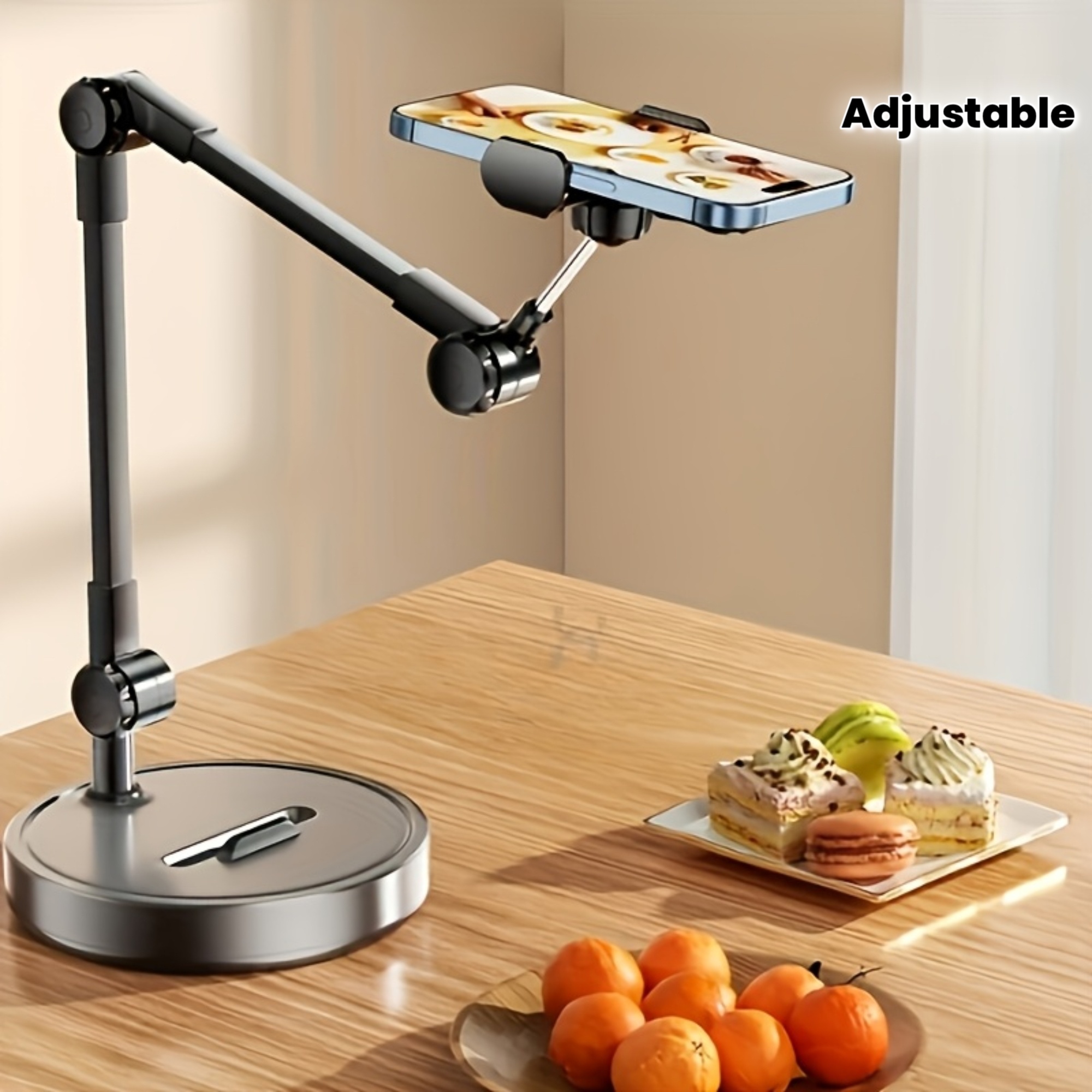 TEMU Durable Iron Art Adjustable Metal Phone And Tablet Stand, Ergonomically Designed - Multi-angle Desktop Stand With Sturdy Base And Stylish Black,