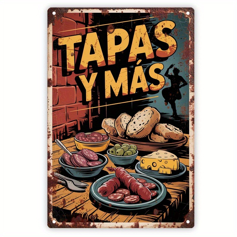 TEMU Letrero Metálico de Tapas Españolas Vintage 2D - Diseño 2D - de Pared con Ilustraciones Auténticas de Alimentos de Tapas como Queso, Aceitunas y