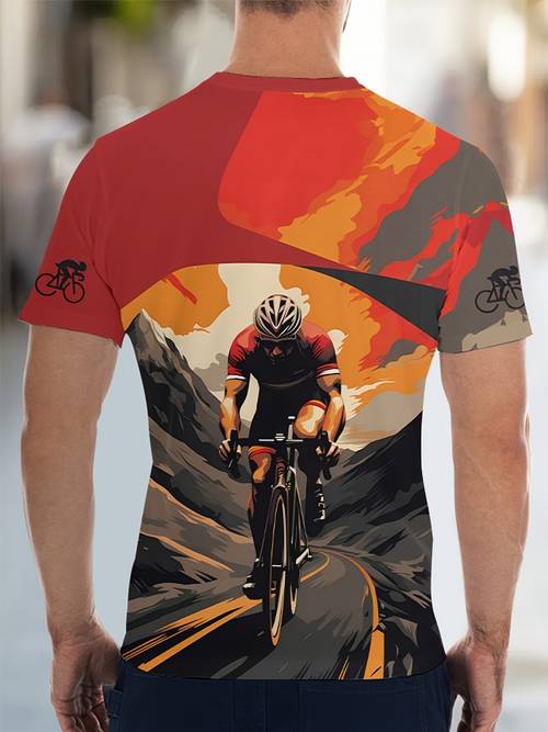 mens plus size t shirt mens cycling jersey mountain bike sports graphic t shirt with orange red gradient background breathable fabric suitable for cycling and casual wear durable sports top for cycling enthusiasts