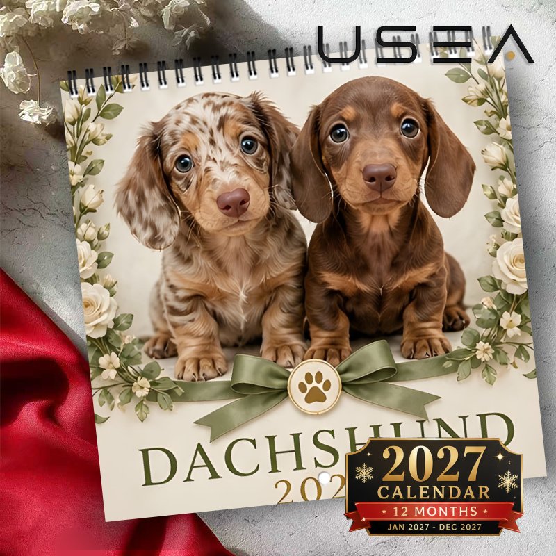 TEMU 2027 Wall Calendar, 12 Months Yearly Organizer Jan 2027-dec 2027, Dachshund Hanging Wall Calendar 8.3x8.3 Inch Square, Twin Wire Spiral Binding,