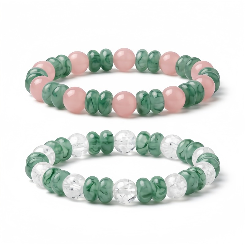 TEMU Rose Quartz And Green Aventurine Bracelet Set, 2pcs Pack. Natural Stone Bead Stacking Style With Pink-green Color Contrast, Accented With Icy-