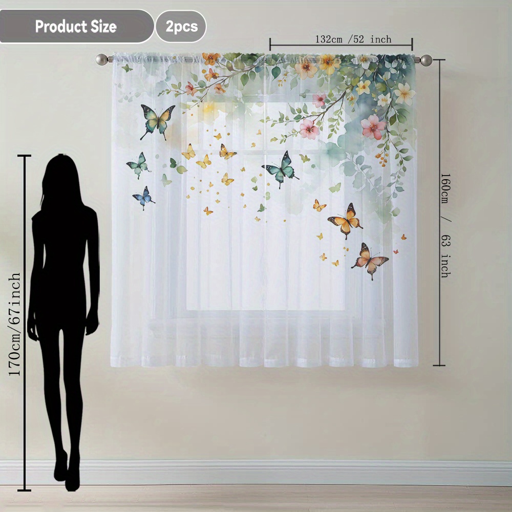 TEMU 2pcs Watercolor Floral Decor Sheer Curtains, Simple Artistic Style Flowing Window , Suitable For Kitchen, Cafe, Dining Room, Balcony, Garden,