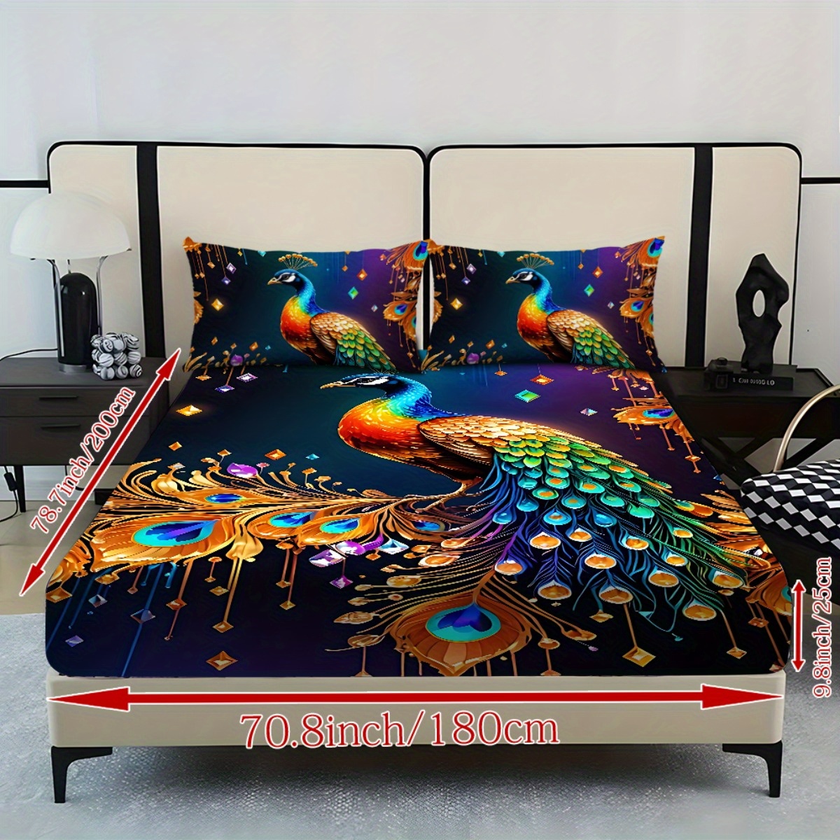 TEMU Fitted Sheet Bedding 3pcs Set-3pcs Colorful Peacock Pattern Mattress Covers In 10 Sizes (1pc Fitted Sheet And 2pcs Pillowcases, ), Autumn