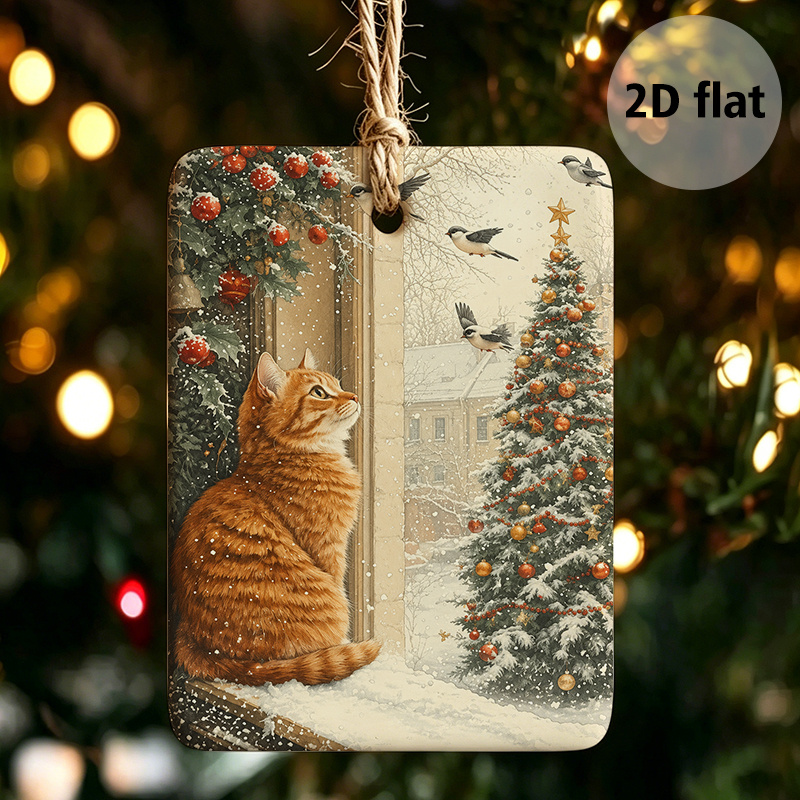 TEMU 1pc Christmas Cat Watching Birds Acrylic Pendant, Snow Scene Christmas Tree Decorative Ornament, Festive Themed Accessory, Ideal For Indoor And